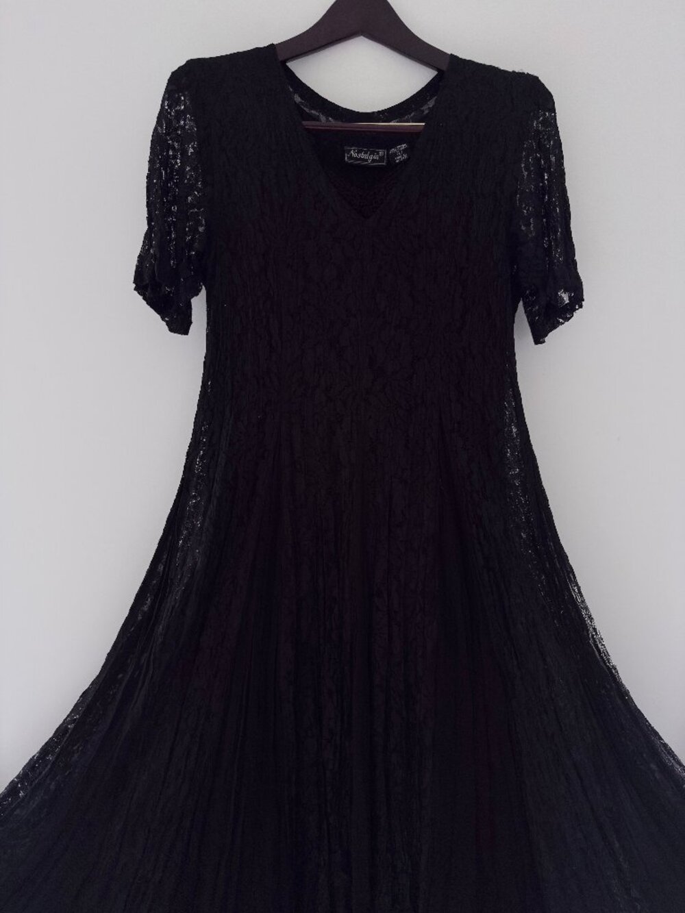 Vintage 90s Nostalgia Black Broomstick Lace Crinkle Maxi Dress L